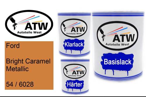 Ford, Bright Caramel Metallic, 54 / 6028: 1L Lackdose + 1L Klarlack + 500ml Härter - Set, von ATW Autoteile West.